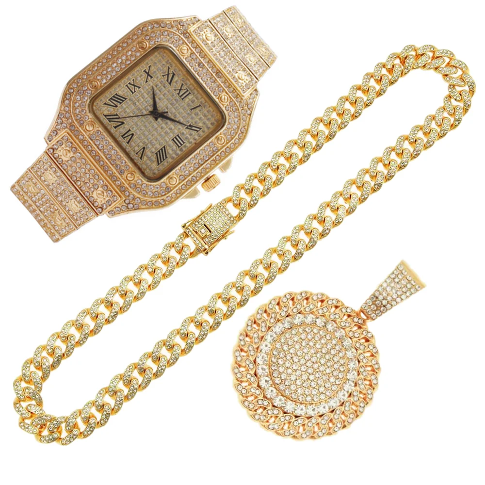 Luxury Watch Miami - 2er-Set Iced Out Uhren-Halsketten-Anhänger mit Strass,