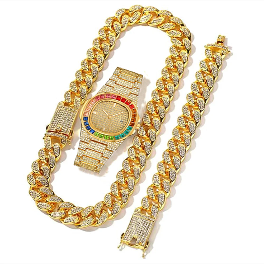 Luxury Watch Miami - 3-teiliges Set: Uhr+Halskette+Armband Luxuriöse Iced-Out-Uhr für