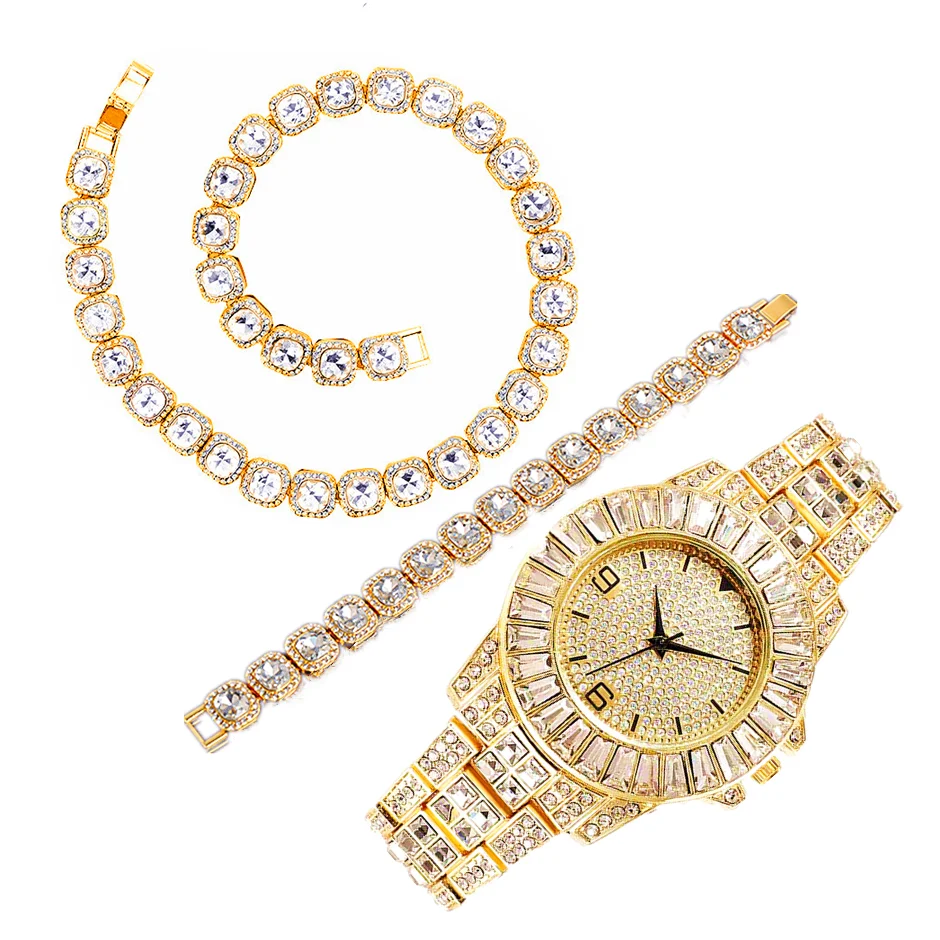 Luxury Watch Miami - Luxuriöses Armbanduhr-Halsketten-Armband-Set: Iced Out Uhr für